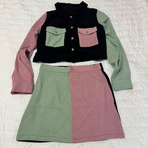 2-Piece Color Block Corduroy Collard Button Up & Skirt Outfit